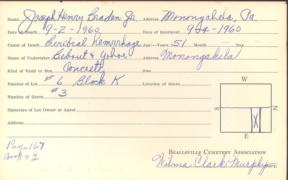 Joseph Henry Braden Jr. burial card
